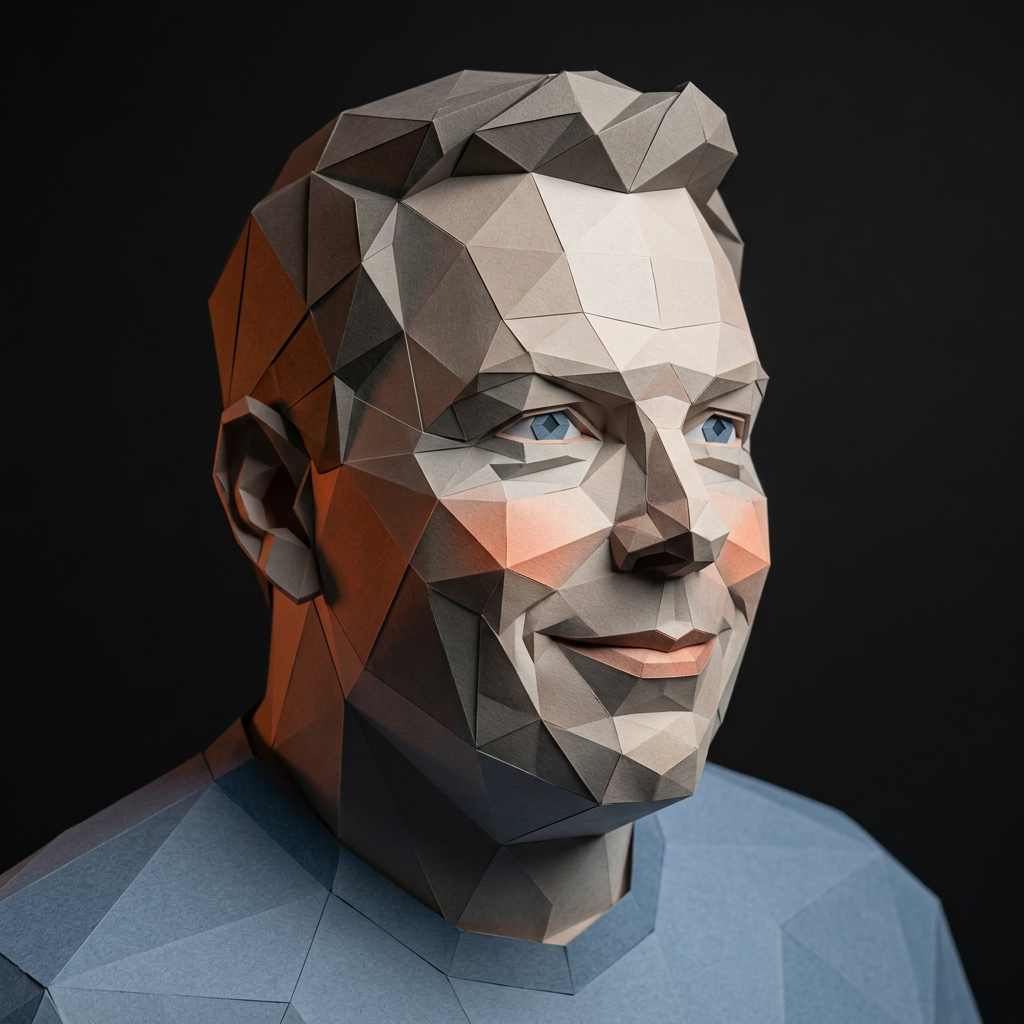 Portrait origami d'Alban Jacquin — style facetté anthracite et ember